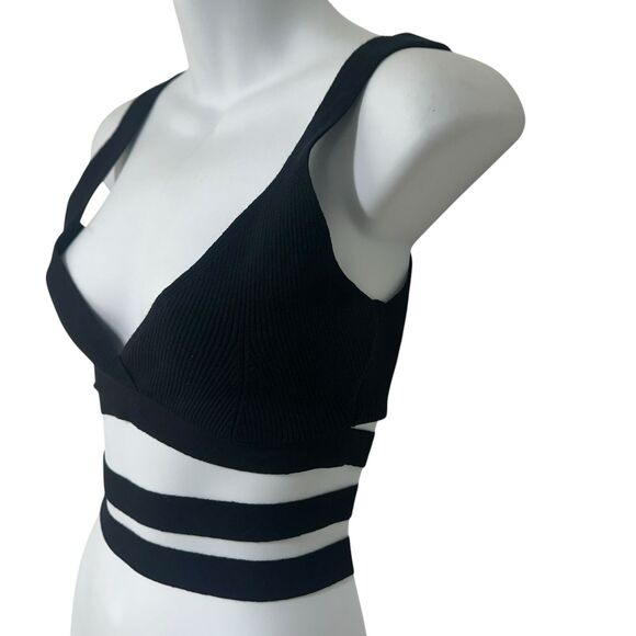 Live The Process Crop Top Women Small Theda Black Ribbed Knit Tie Detail Stretch - Picture 3 of 12